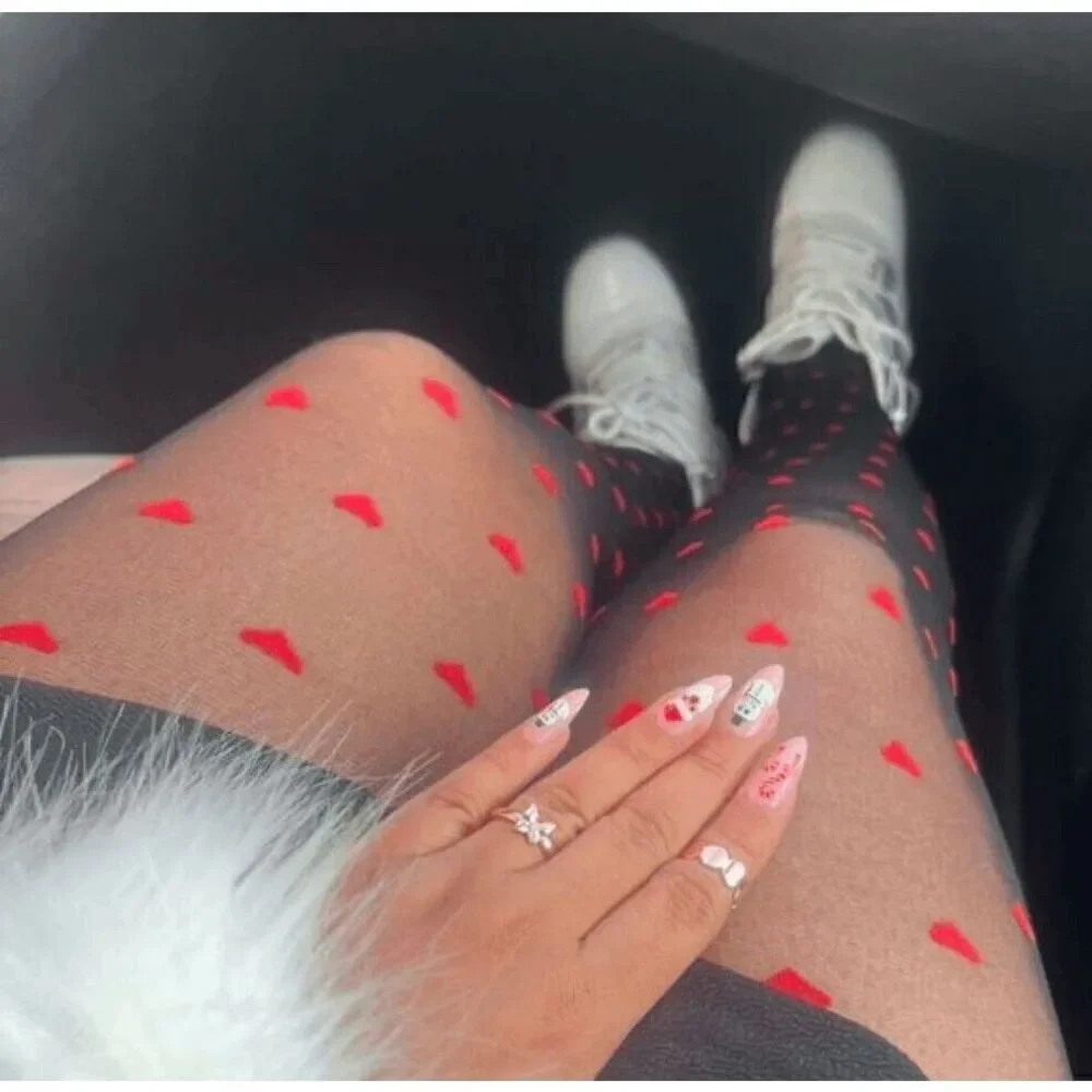 ❤ Love Heart Print Black Sheer Nylon Pantyhose Stocking Tights SIZE XS-M NEW